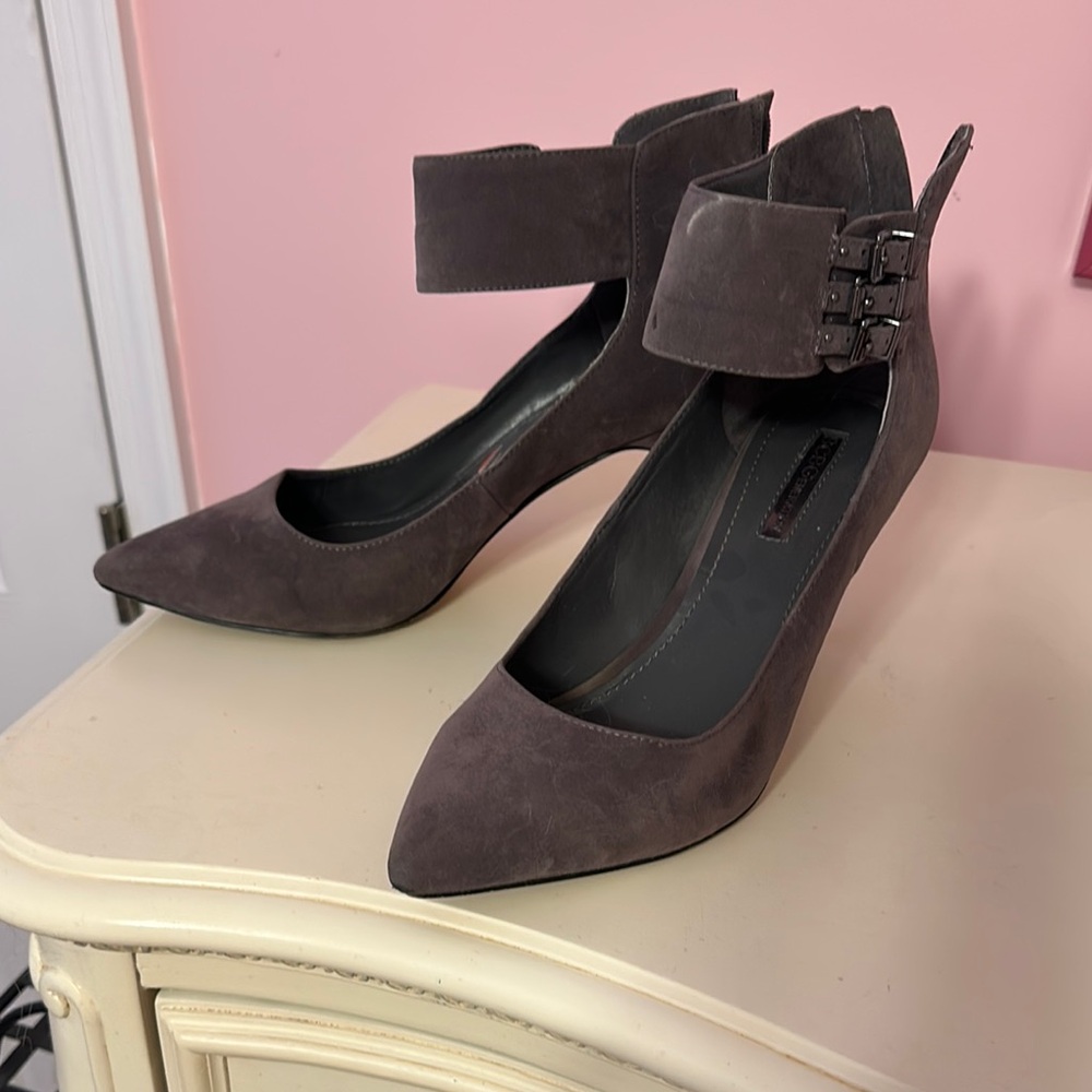 BCBG Gray Ankle Strap Heels with Suede-Like Finish